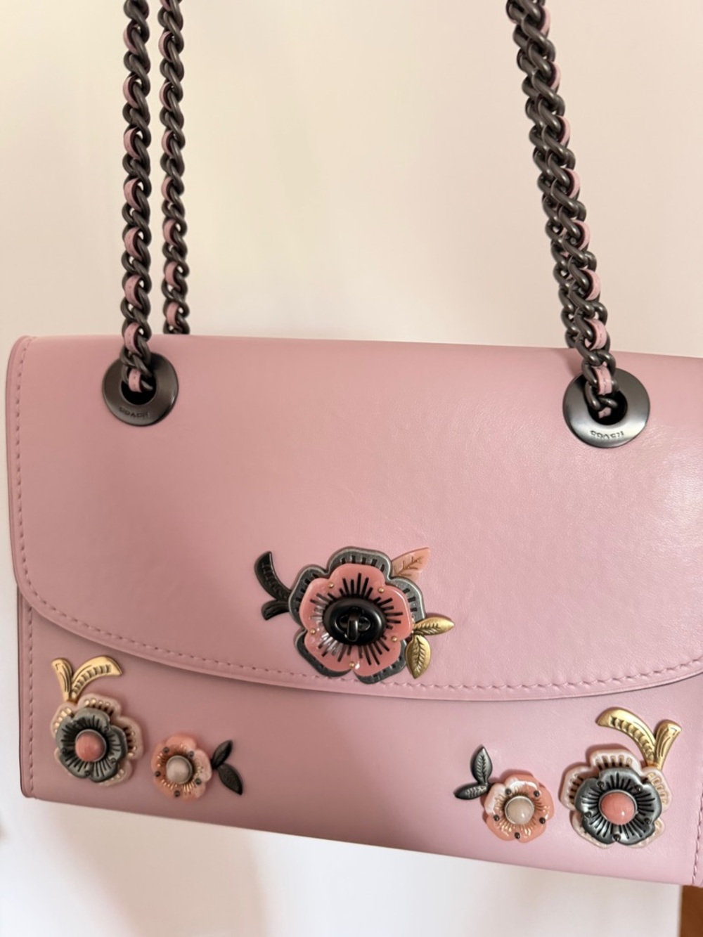 Coach Pink Floral Appliqué Chain Shoulder Bag - Picture 3 of 9